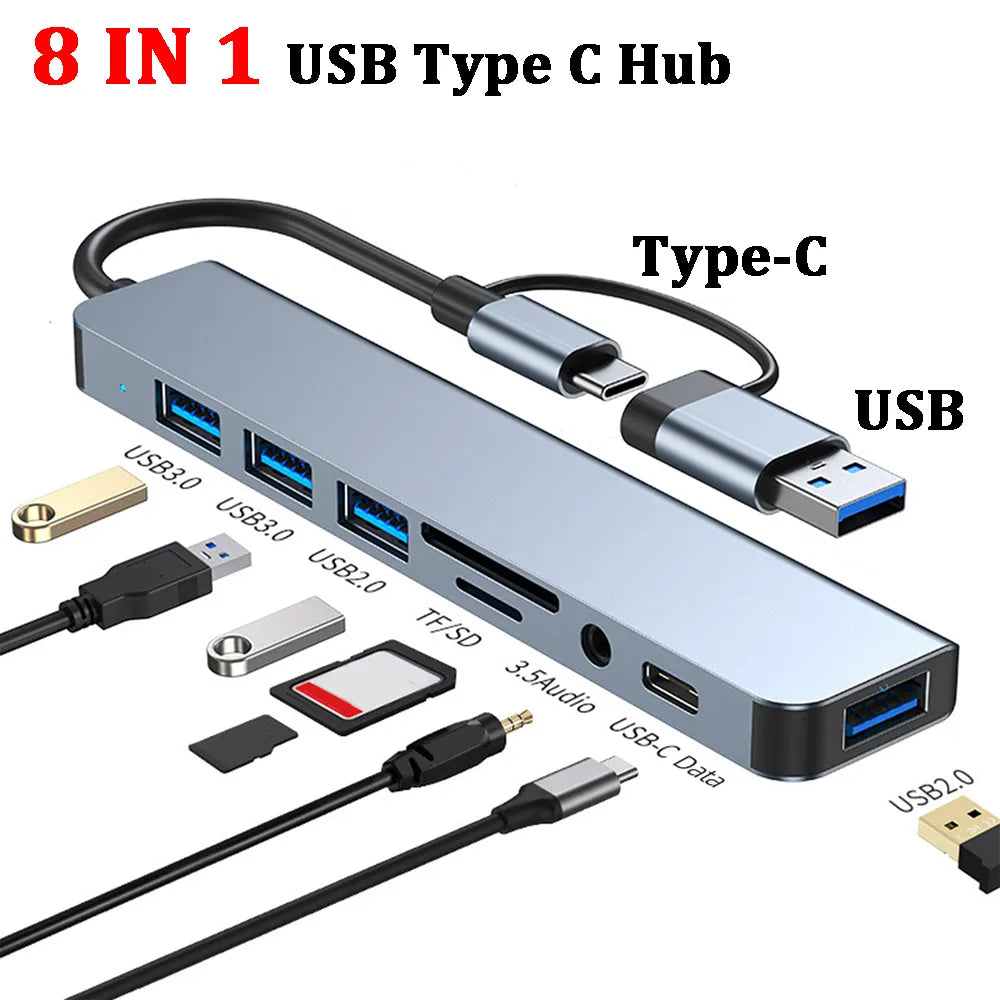 USB C Hub 8 In 1 Audio Jack Multi Splitter Adapter for MacBook