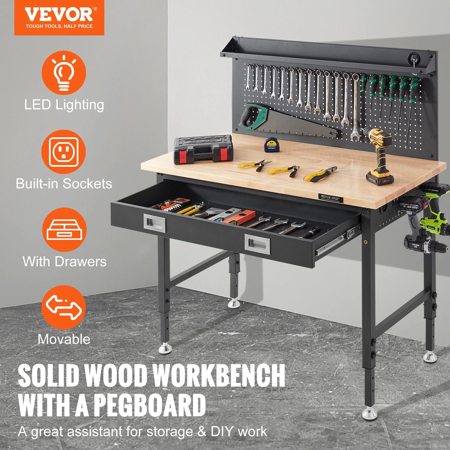 2000lbs Hardwood Workbench Heavy Duty Oak Plank Worktable