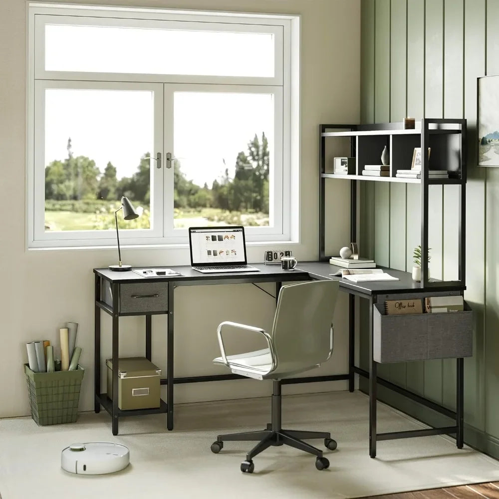 Computer desk, L-shaped computer office desk, 58 inch corner gaming computer desk with drawers and storage rack