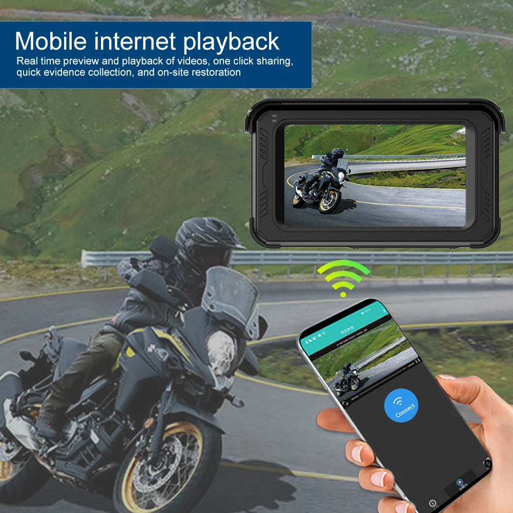 5" HD 1080P Motorcycle GPS Navigator Wireless Carplay Android Auto Multimedia Player IPS Touch Screen Dash Cam with G-Sensor