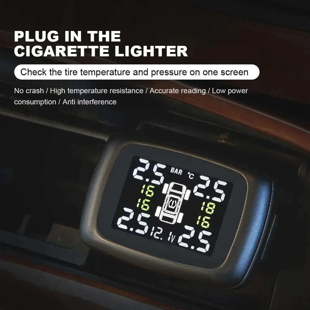 Digital TPMS Cigarette Lighter Car Tire Pressure Alarm System Wireless Auto Security Alarm System Solar Power for Vehicle Tools