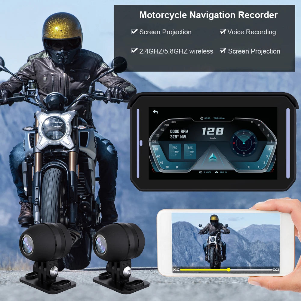 5 Inch Motorcycle GPS Navigator 1080P Wireless Carplay Android Auto Adapter G-Sensor Motorcycle DVR Monitor Dash Cam TPMS Sensor