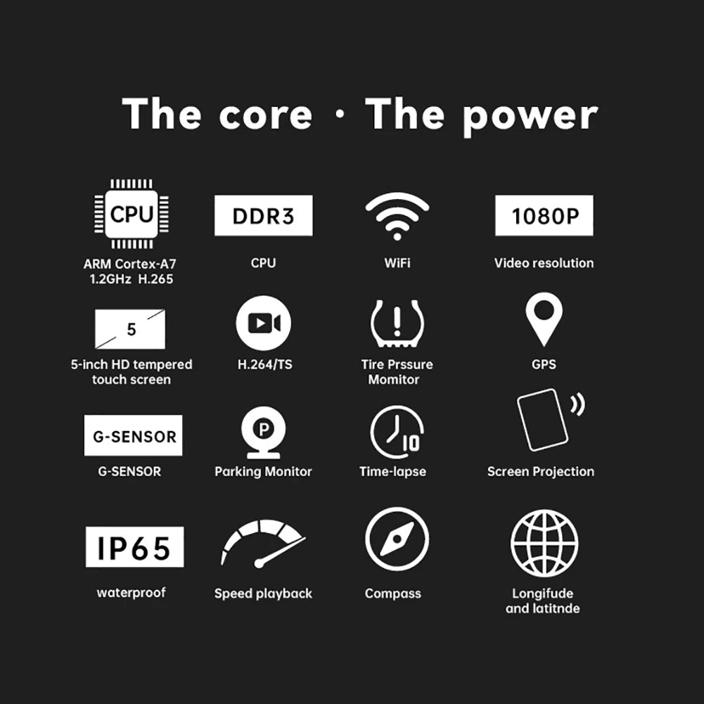 5 Inch Motorcycle GPS Navigator 1080P Wireless Carplay Android Auto Adapter G-Sensor Motorcycle DVR Monitor Dash Cam TPMS Sensor