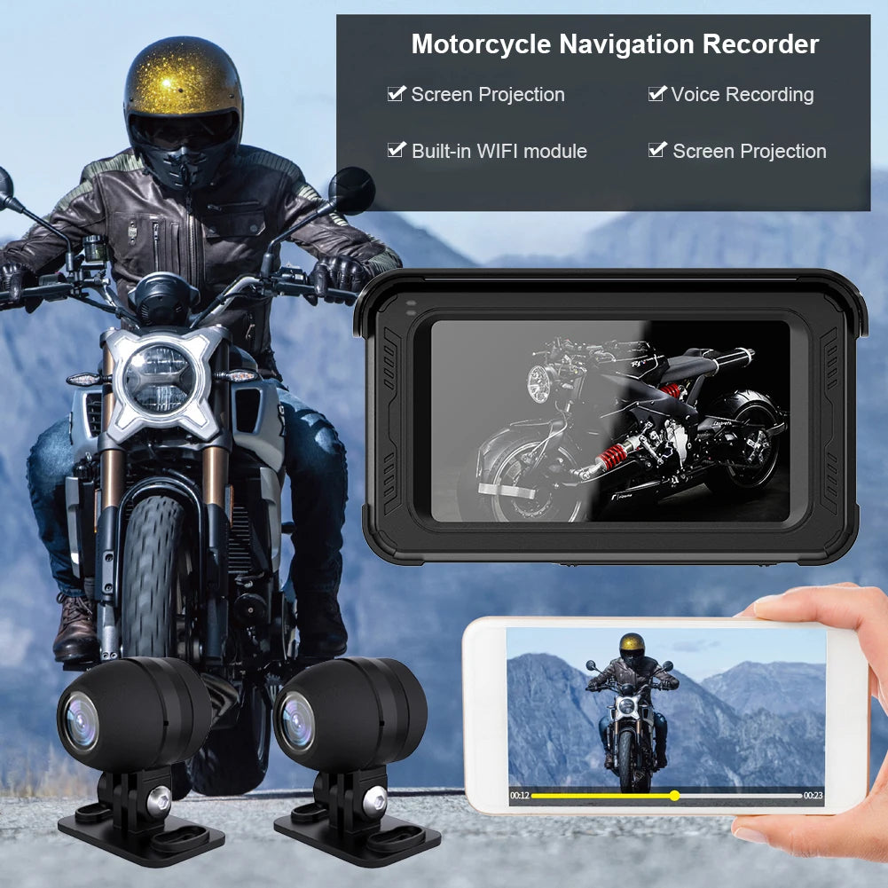 5" HD 1080P Motorcycle GPS Navigator Wireless Carplay Android Auto Multimedia Player IPS Touch Screen Dash Cam with G-Sensor