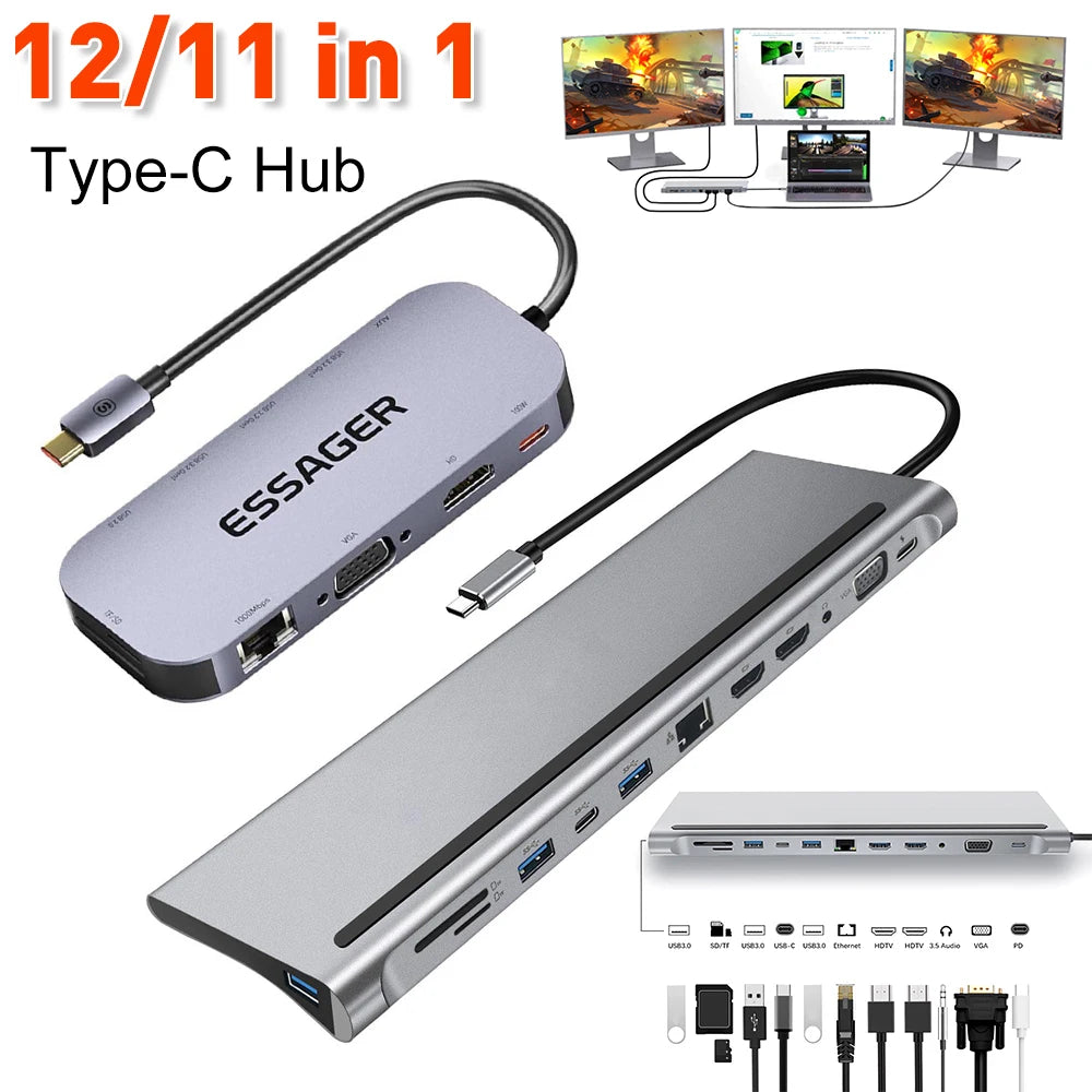Dual HDMI Rj45 Power Adapter Docking Station Multi USB Splitter