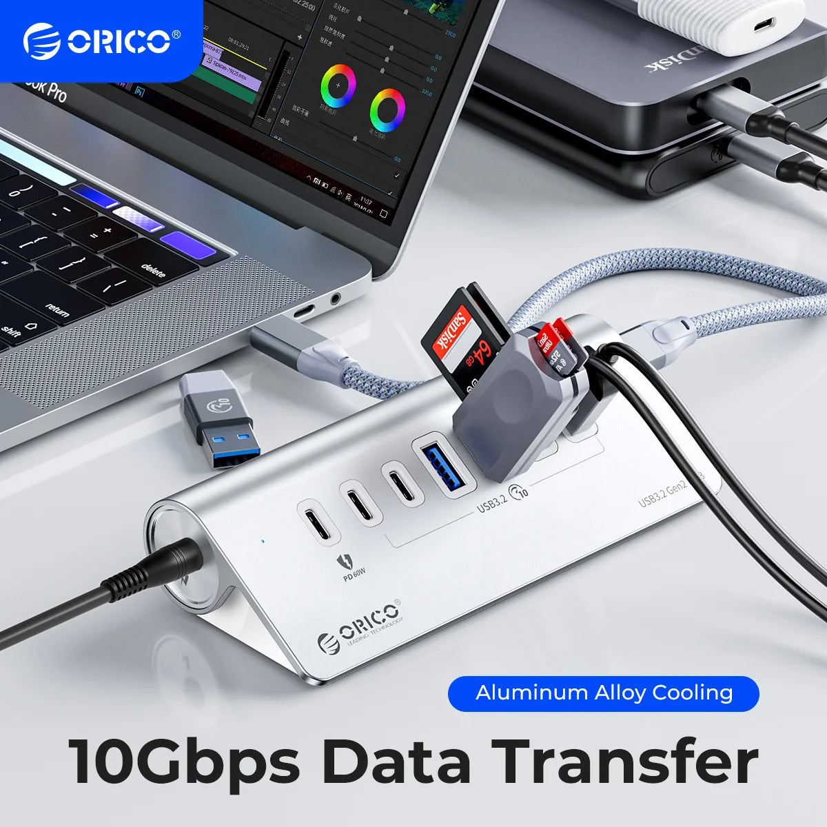 USB Aluminum Type C Splitter with Power Adapter for MacBook