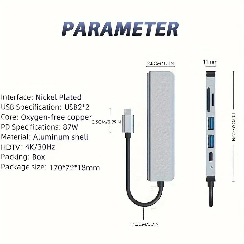 6 in1 USB C Hub Multiport Adapter USB 3.0 Card Reader