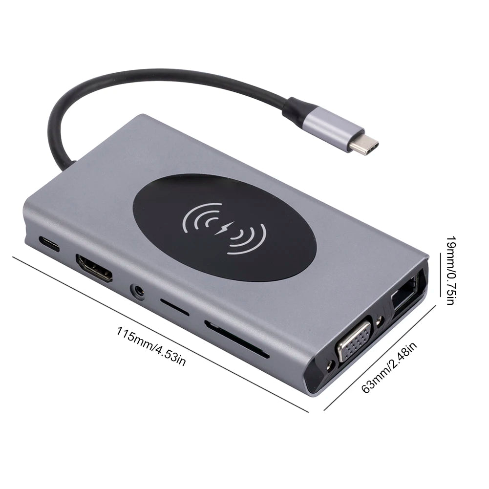 USB Wireless Charging Port HUB Dock Station Type C to HDMI-compatible Splitter