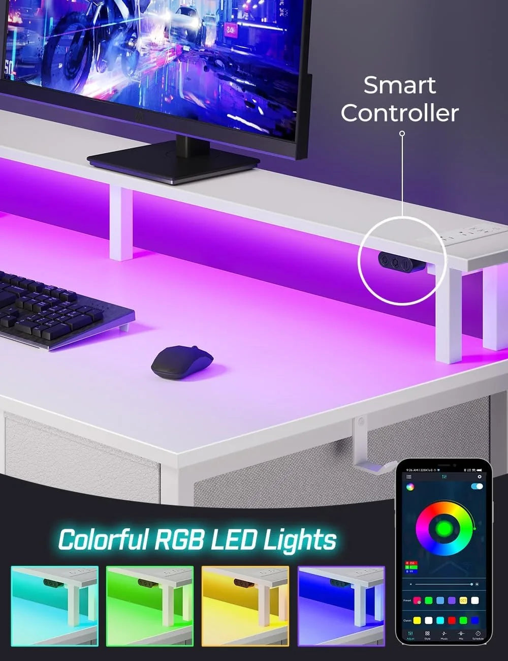 Computer Desk with Power Outlets & LED Light, 55 inch Home Office Desk with 5 Drawers, Writing Desk with Monitor