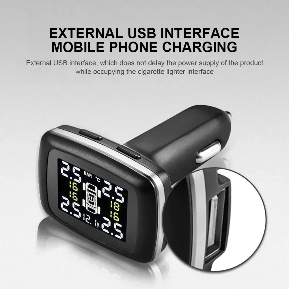 Digital TPMS Cigarette Lighter Car Tire Pressure Alarm System Wireless Auto Security Alarm System Solar Power for Vehicle Tools