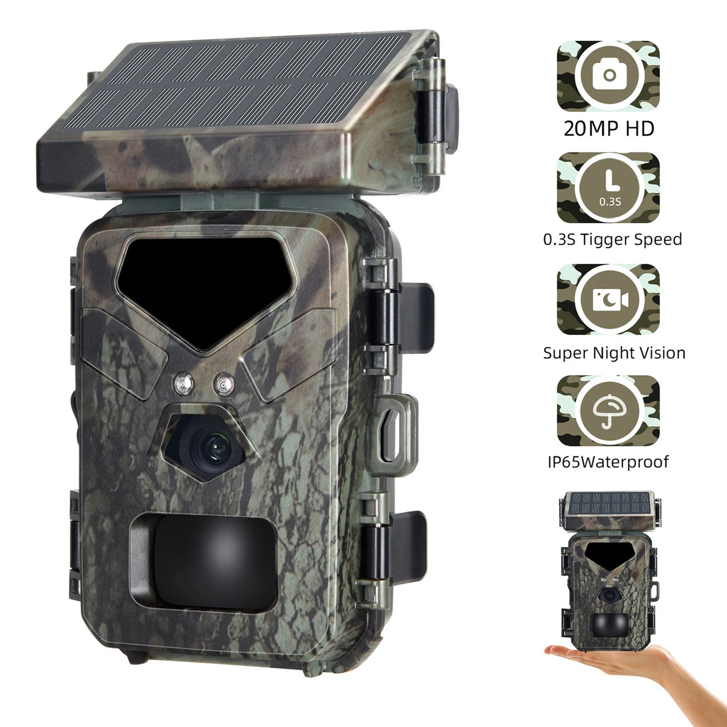 Tomshoo Solar Trail Camera 20MP/1080P Hunting Camera 0.3s Trigger Speed IP65 Super Night Vision Motion Activated Trail Camera