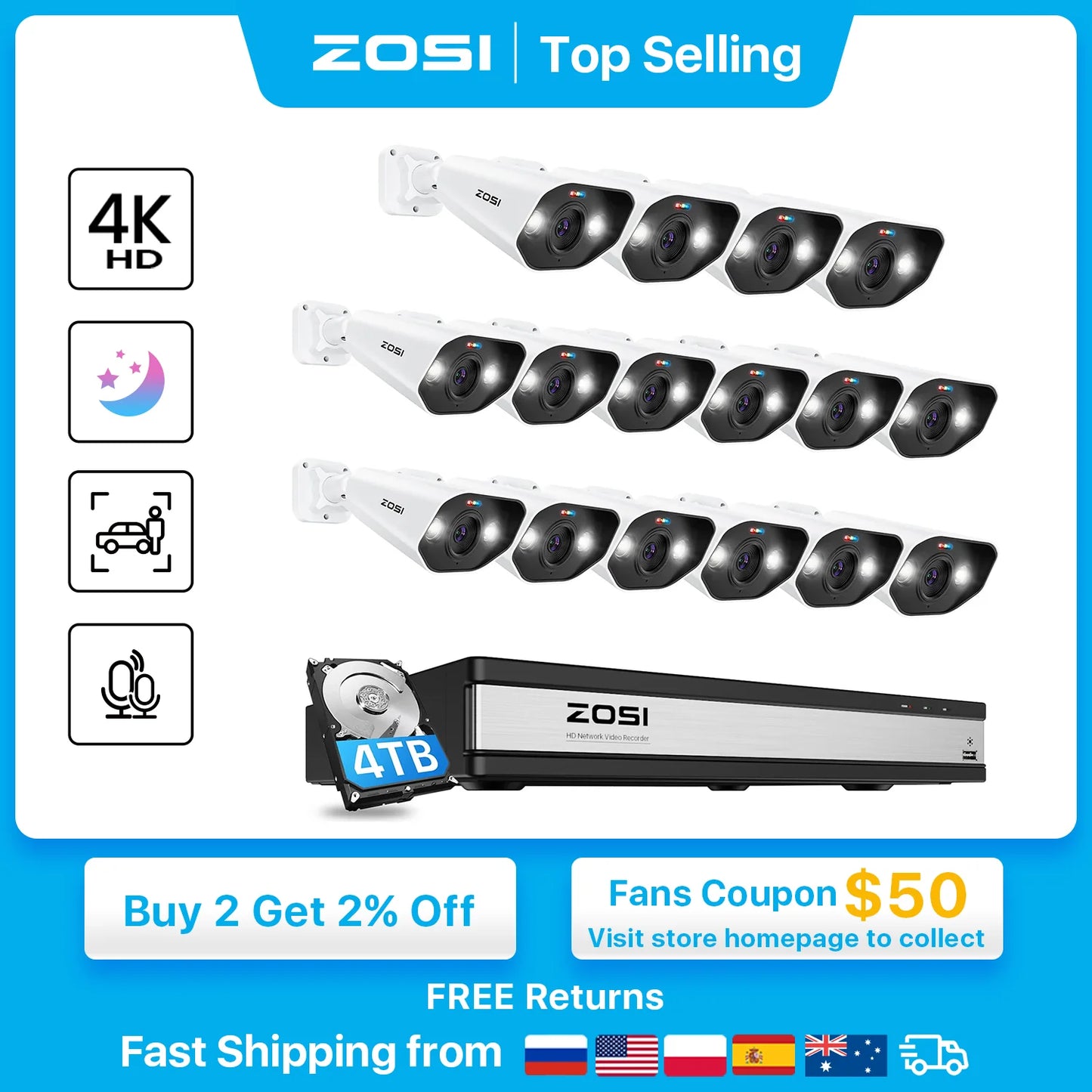Home Security Camera, Outdoor Indoor Color Night Vision, Video Surveillance