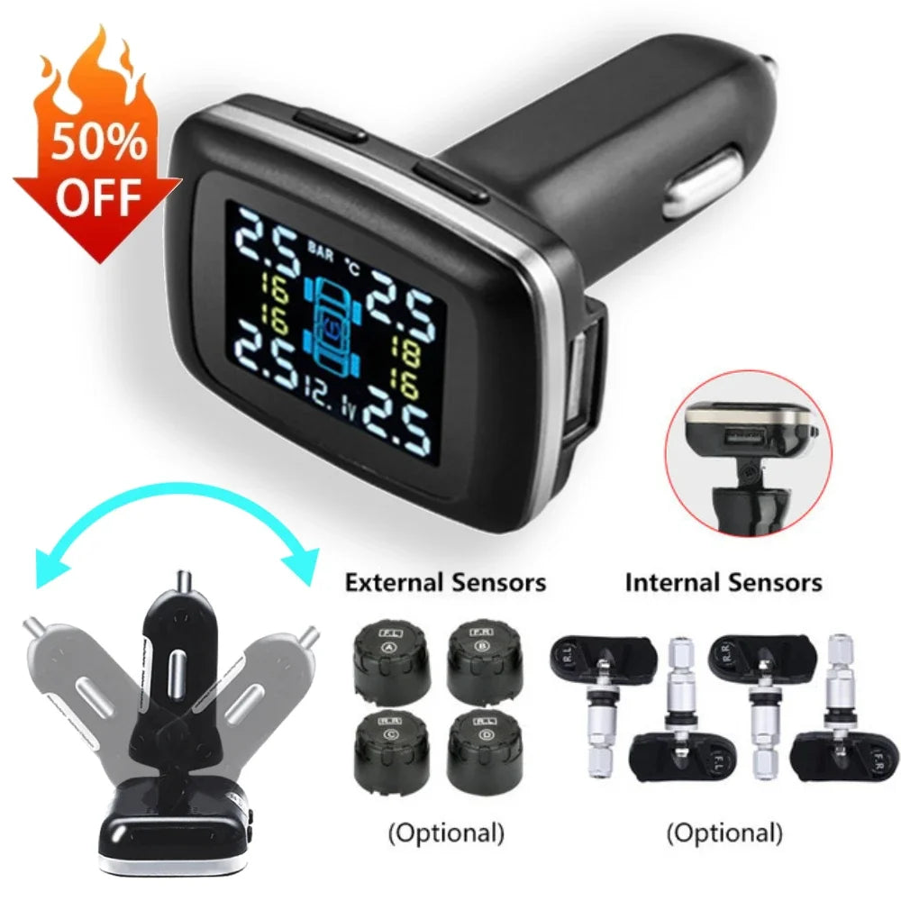 Digital TPMS Cigarette Lighter Car Tire Pressure Alarm System Wireless Auto Security Alarm System Solar Power for Vehicle Tools