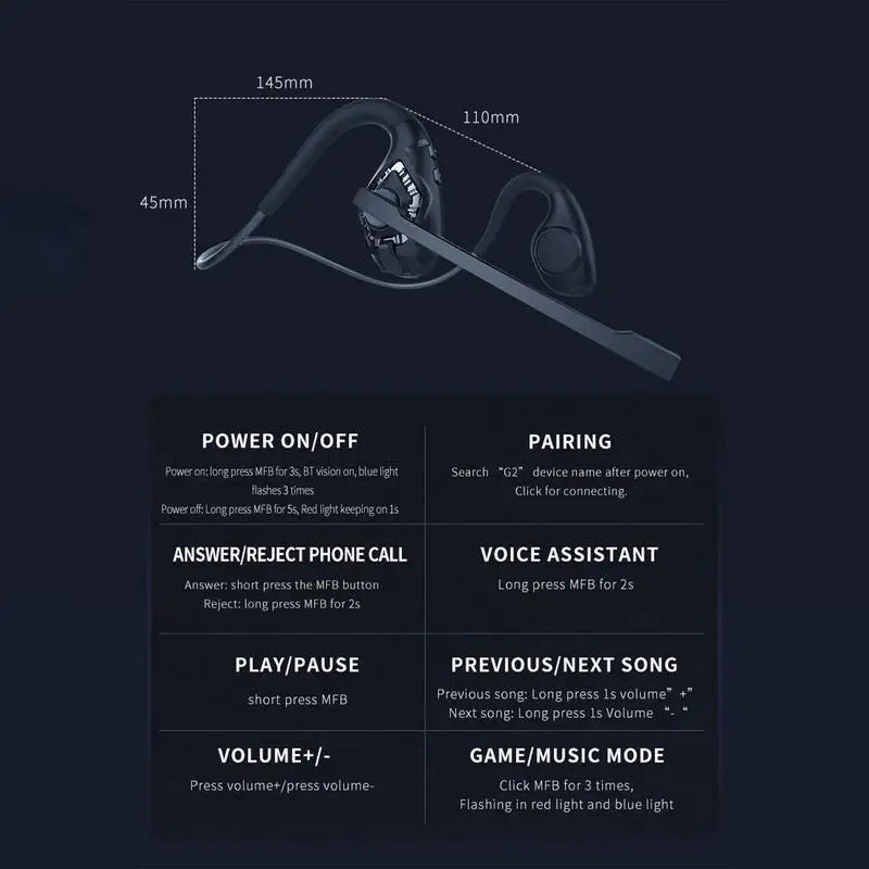 Bone Conduction Earbuds Headset Boom Microphone Charging Long Battery Life