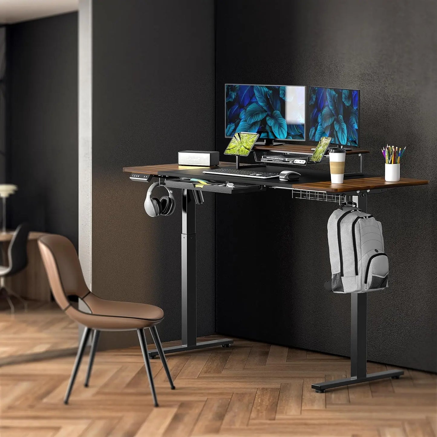 Large Height Adjustable Standing Desk with Monitor Riser and Drawer,