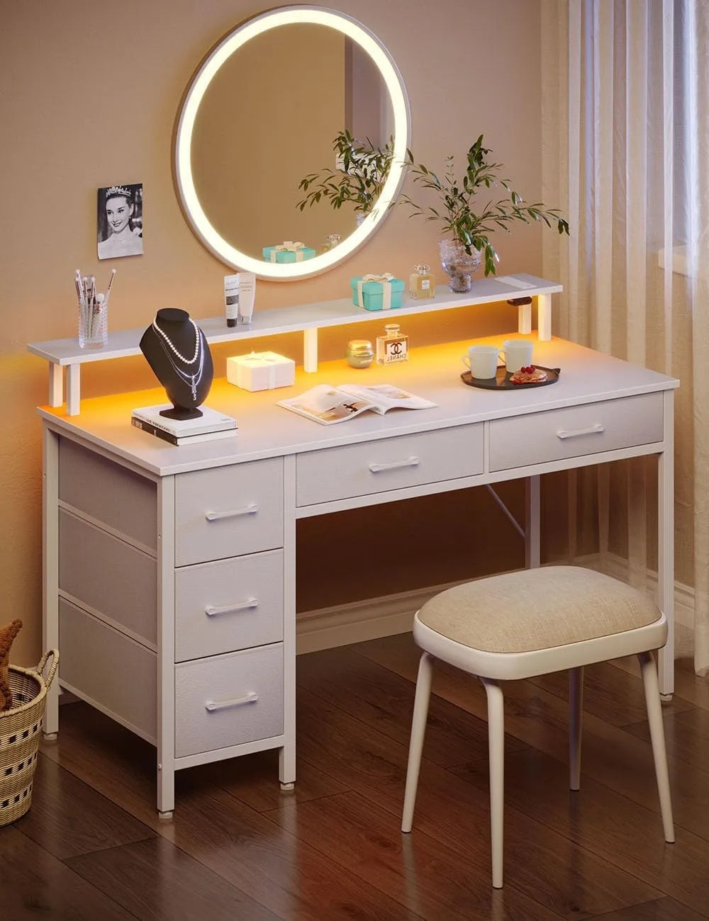 Computer Desk with Power Outlets & LED Light, 55 inch Home Office Desk with 5 Drawers, Writing Desk with Monitor