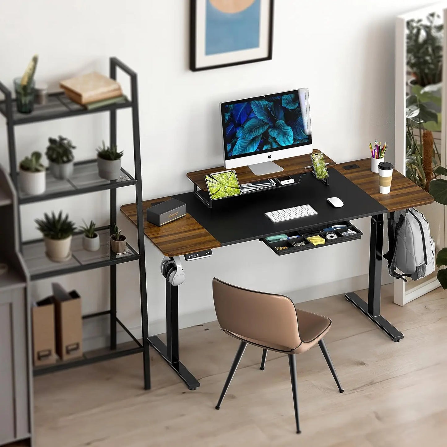Large Height Adjustable Standing Desk with Monitor Riser and Drawer,