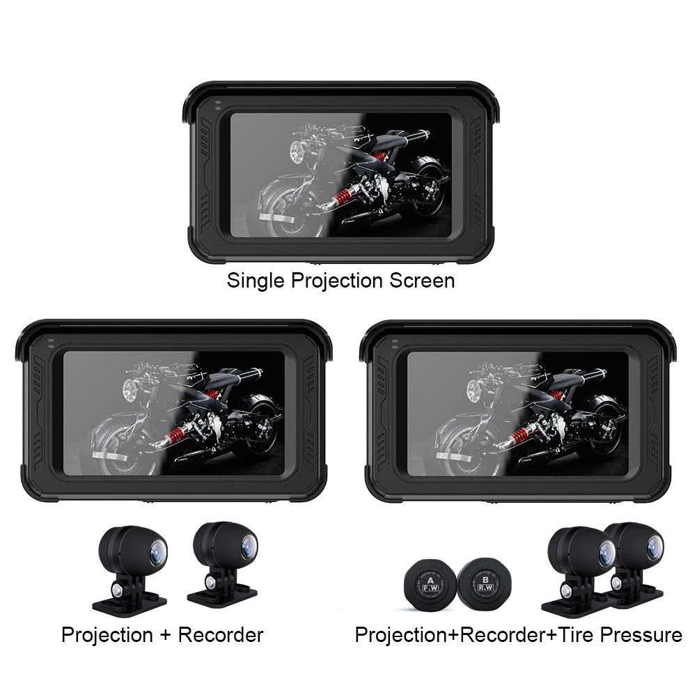 5" HD 1080P Motorcycle GPS Navigator Wireless Carplay Android Auto Multimedia Player IPS Touch Screen Dash Cam with G-Sensor