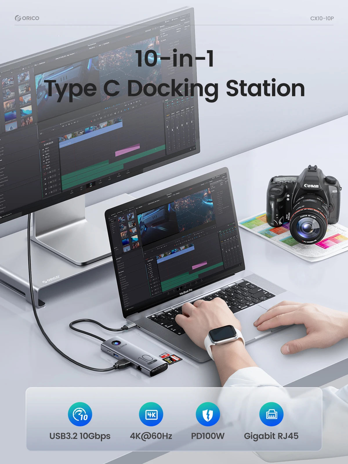 Type C Docking Station USB3.0 2.0 HUB RJ45 PD100W Card Reader Laptop