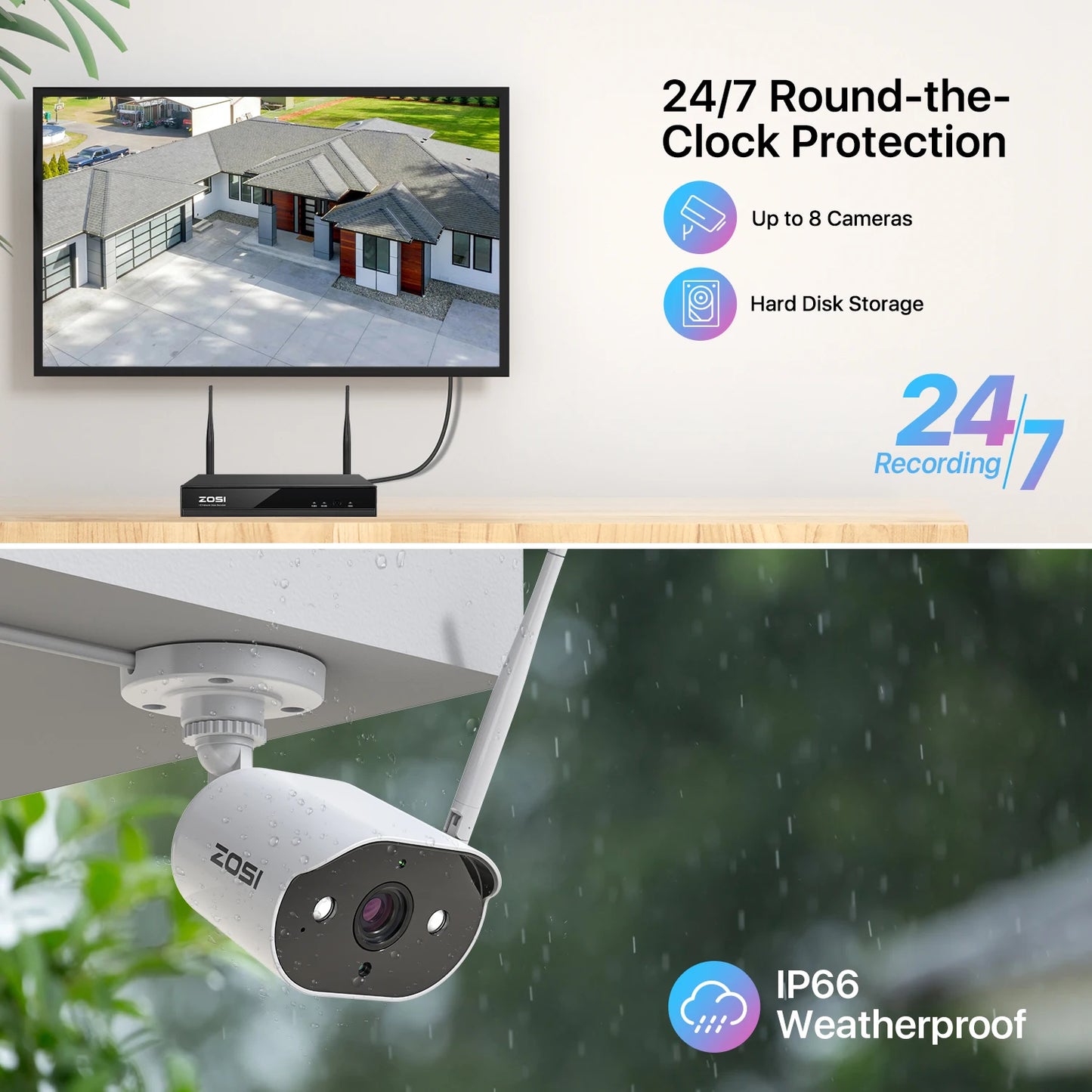 ZOSI 2K Wireless CCTV Cameras System 8CH NVR 3MP Outdoor IP Camera with Color Night Vision Wi-Fi Security Surveillance Kits