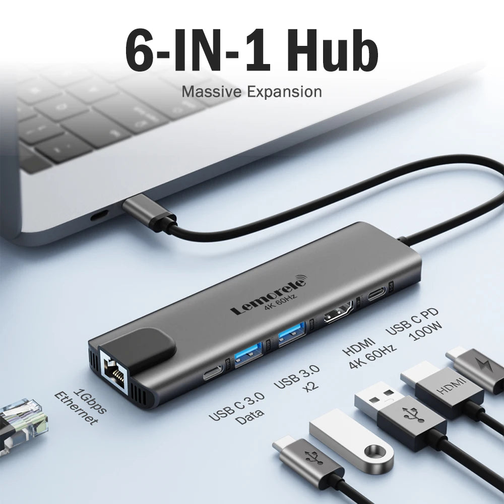 6 in-1 USB 3.0 HUB C Docking Station Ethernet MacBook Pro Laptop