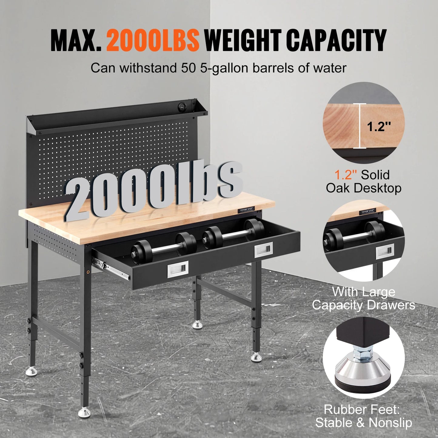2000lbs Hardwood Workbench Heavy Duty Oak Plank Worktable