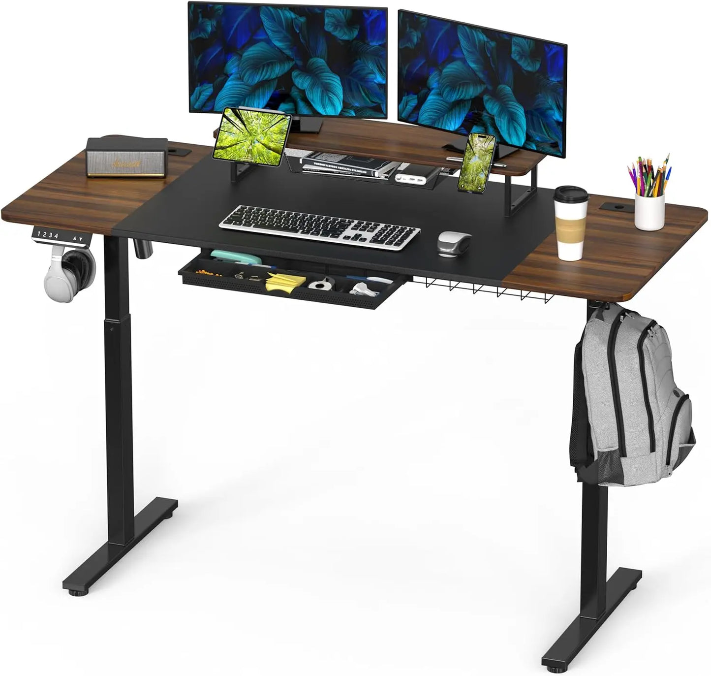 Large Height Adjustable Standing Desk with Monitor Riser and Drawer,