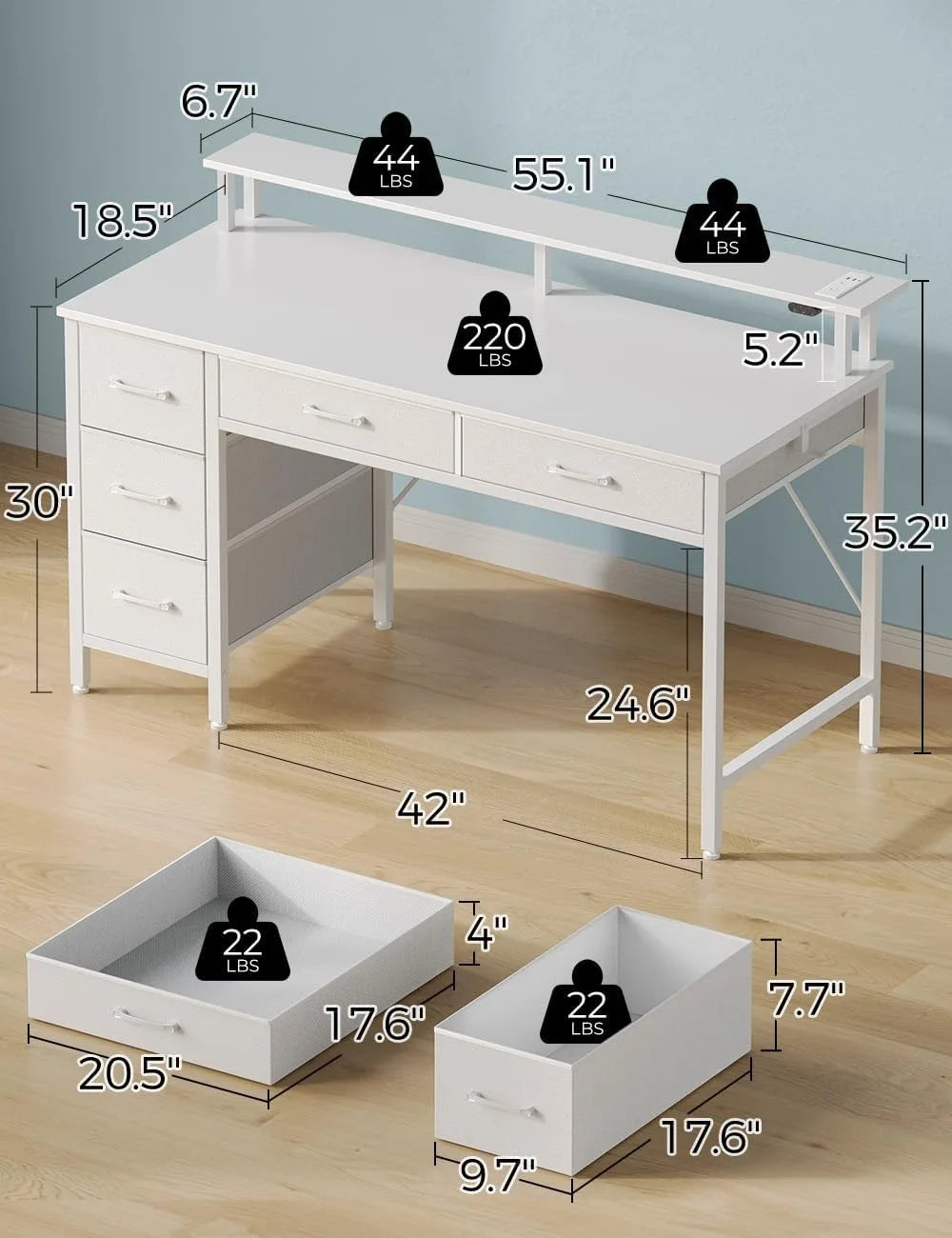 Computer Desk with Power Outlets & LED Light, 55 inch Home Office Desk with 5 Drawers, Writing Desk with Monitor