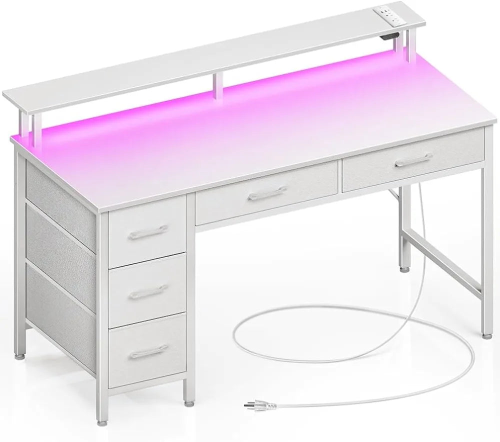 Computer Desk with Power Outlets & LED Light, 55 inch Home Office Desk with 5 Drawers, Writing Desk with Monitor