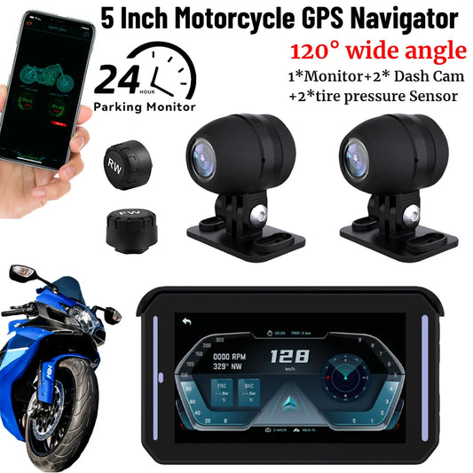 5 Inch Motorcycle GPS Navigator 1080P Wireless Carplay Android Auto Adapter G-Sensor Motorcycle DVR Monitor Dash Cam TPMS Sensor