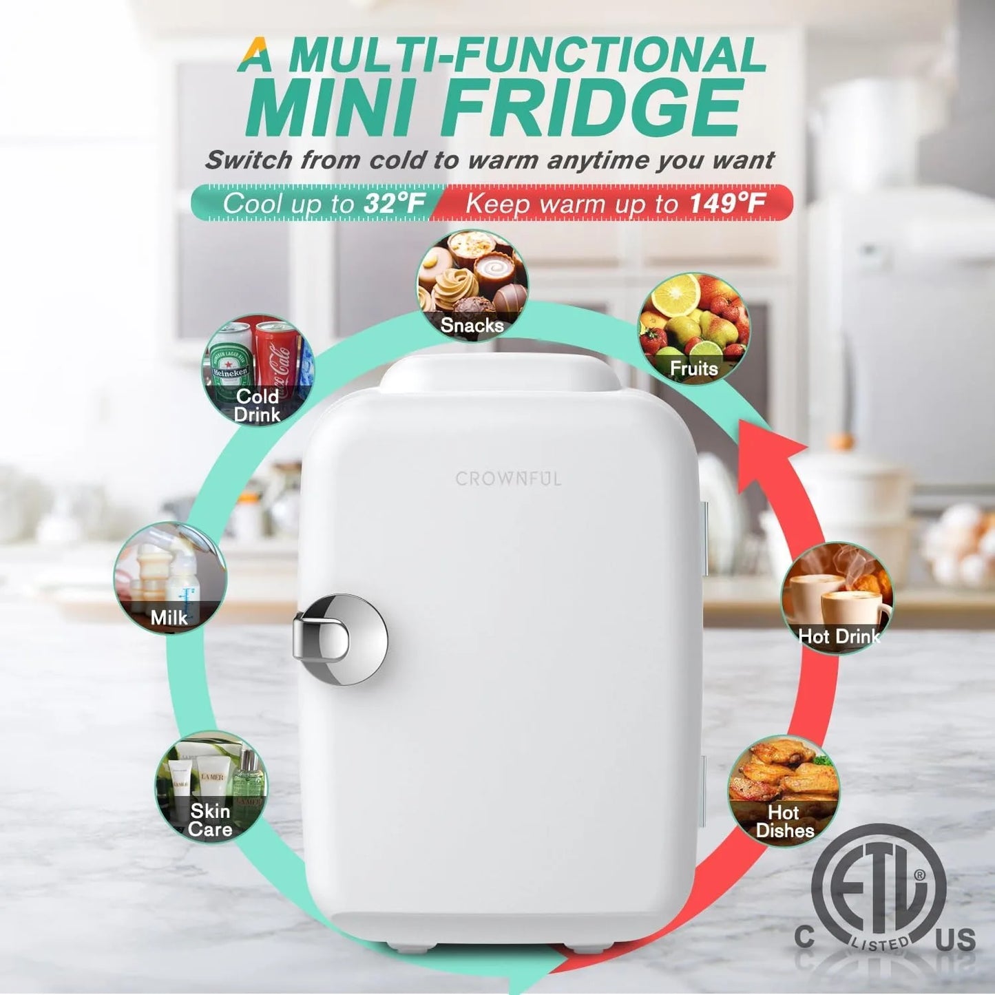 Mini Fridge, 4 L/6 Can Portable Cooler and Warmer Personal Refrigerator,Great for Bedroom, Office(White)