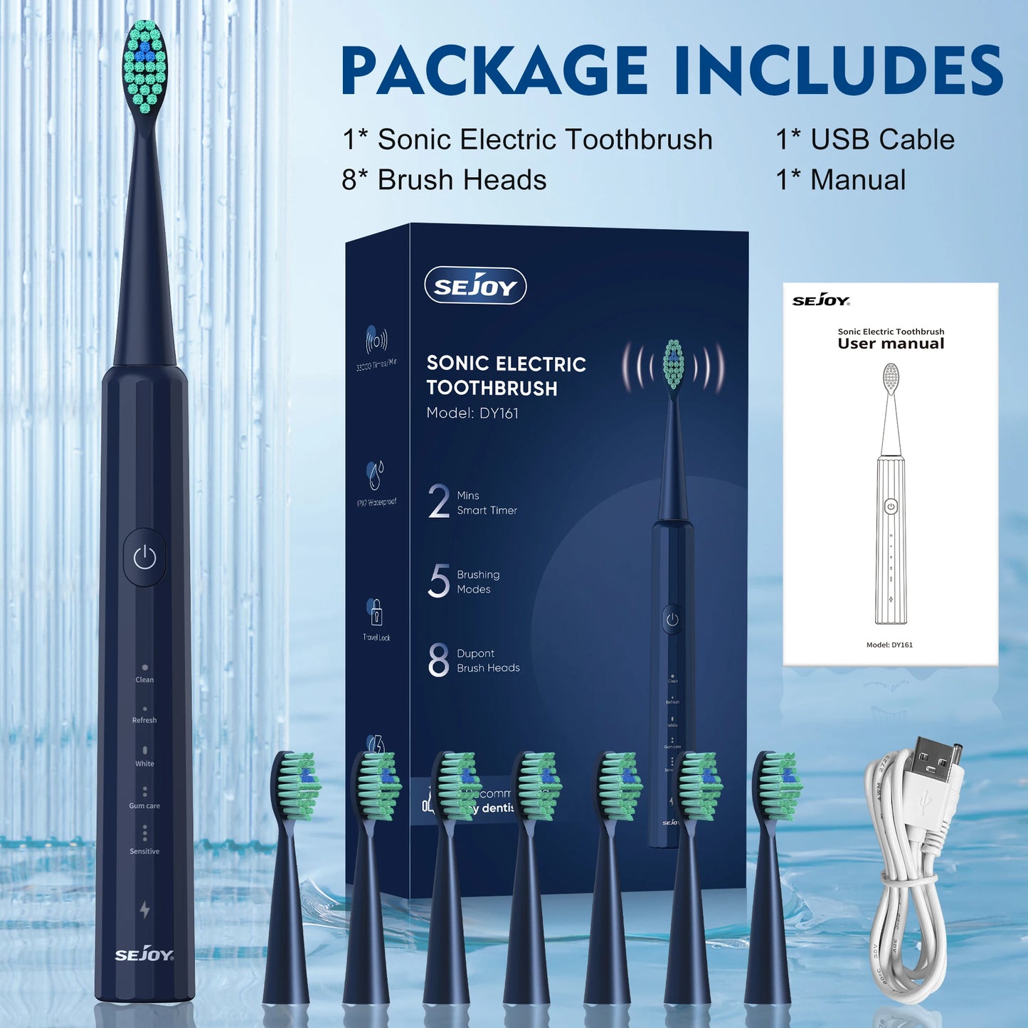 Whitening Rechargeable Electric Toothbrush 8 Brush Heads 5 Modes Smart Timer