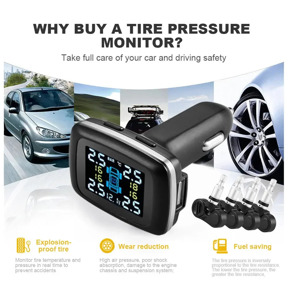 Digital TPMS Cigarette Lighter Car Tire Pressure Alarm System Wireless Auto Security Alarm System Solar Power for Vehicle Tools
