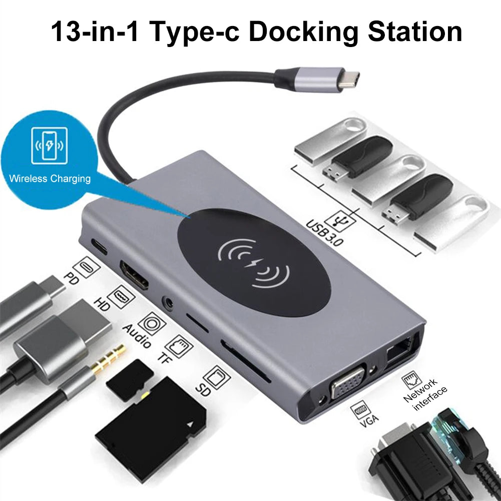 USB  Wireless Charging  Port HUB Dock Station Type C to HDMI-compatible Splitter