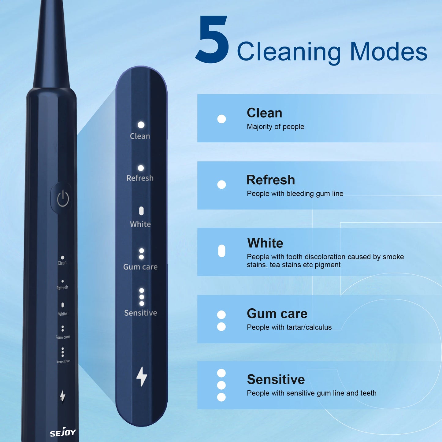 Whitening Rechargeable Electric Toothbrush 8 Brush Heads 5 Modes Smart Timer