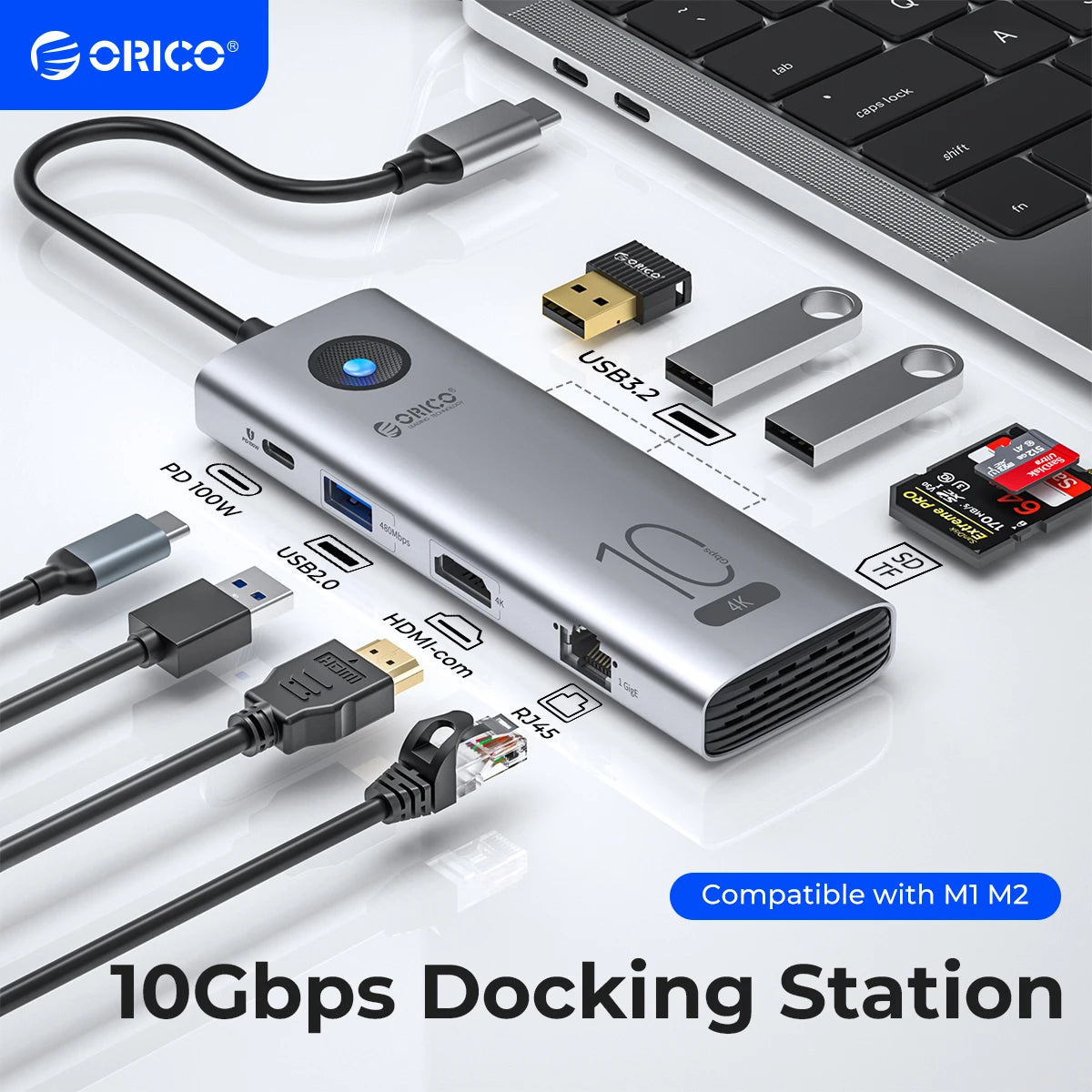 Type C Docking Station USB3.0 2.0 HUB RJ45 PD100W Card Reader Laptop