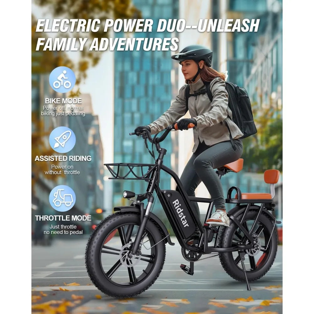 2024 New 2 Seater Electric Bike 30MPH 30-70Miles 48V 15AH Removable Battery