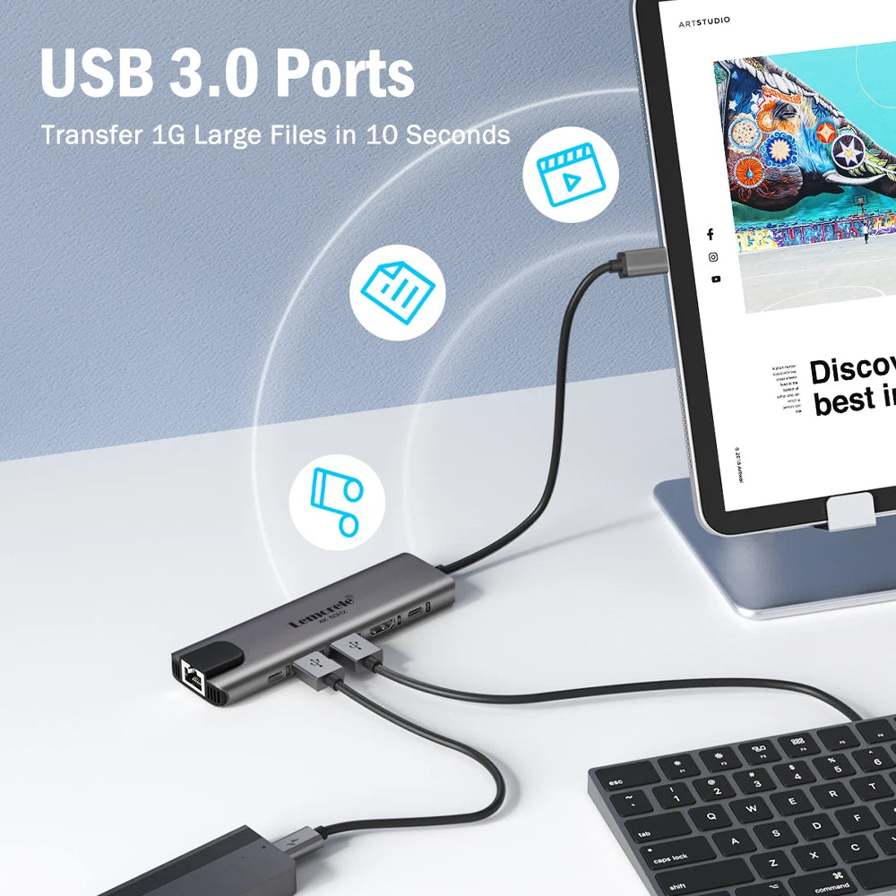 6 in-1 USB 3.0 HUB C Docking Station Ethernet MacBook Pro Laptop