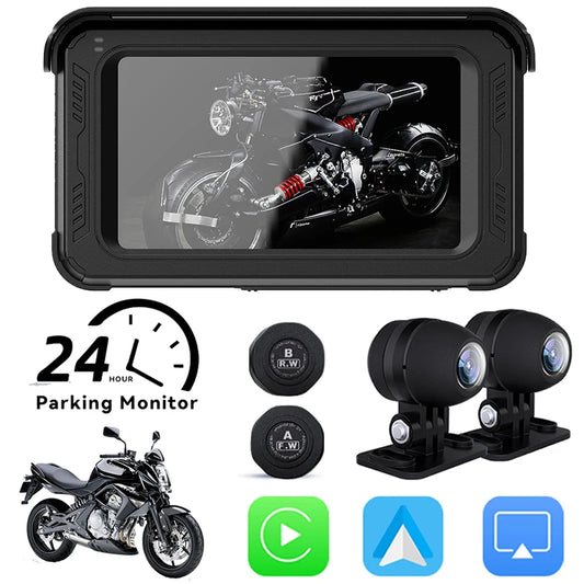 5" HD 1080P Motorcycle GPS Navigator Wireless Carplay Android Auto Multimedia Player IPS Touch Screen Dash Cam with G-Sensor