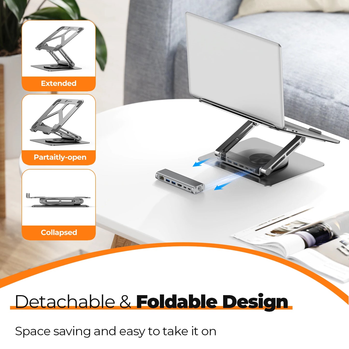 USB C Laptop Docking Stand with 360 Rotating Base Detachable